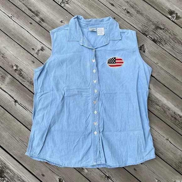 light blue denim sleeveless mickey mouse american flag patched blouse - Picture 1 of 6